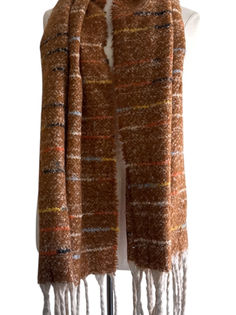 Cozy Brown Fringe Knit Scarf with Subtle Stripes